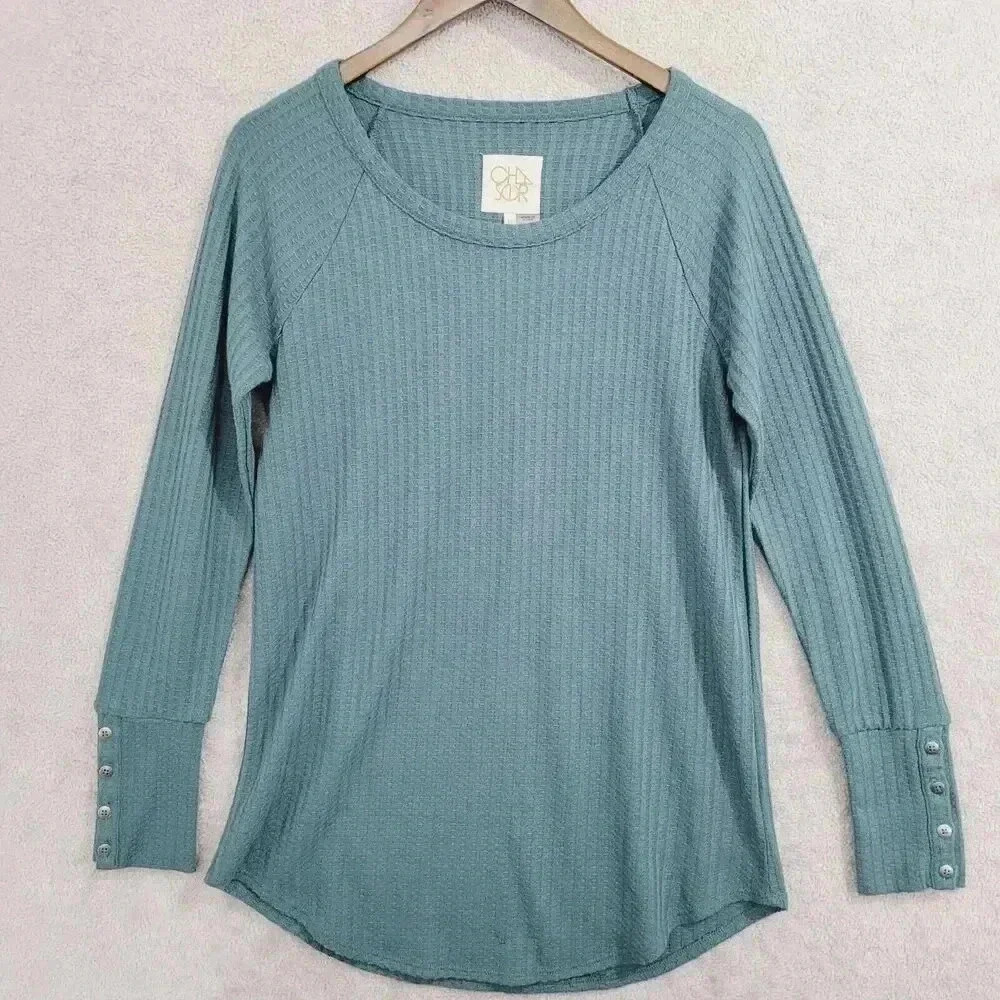 Chaser Waffle Knit Long Sleeve Top With Button Cuff Detail For - M 23CT